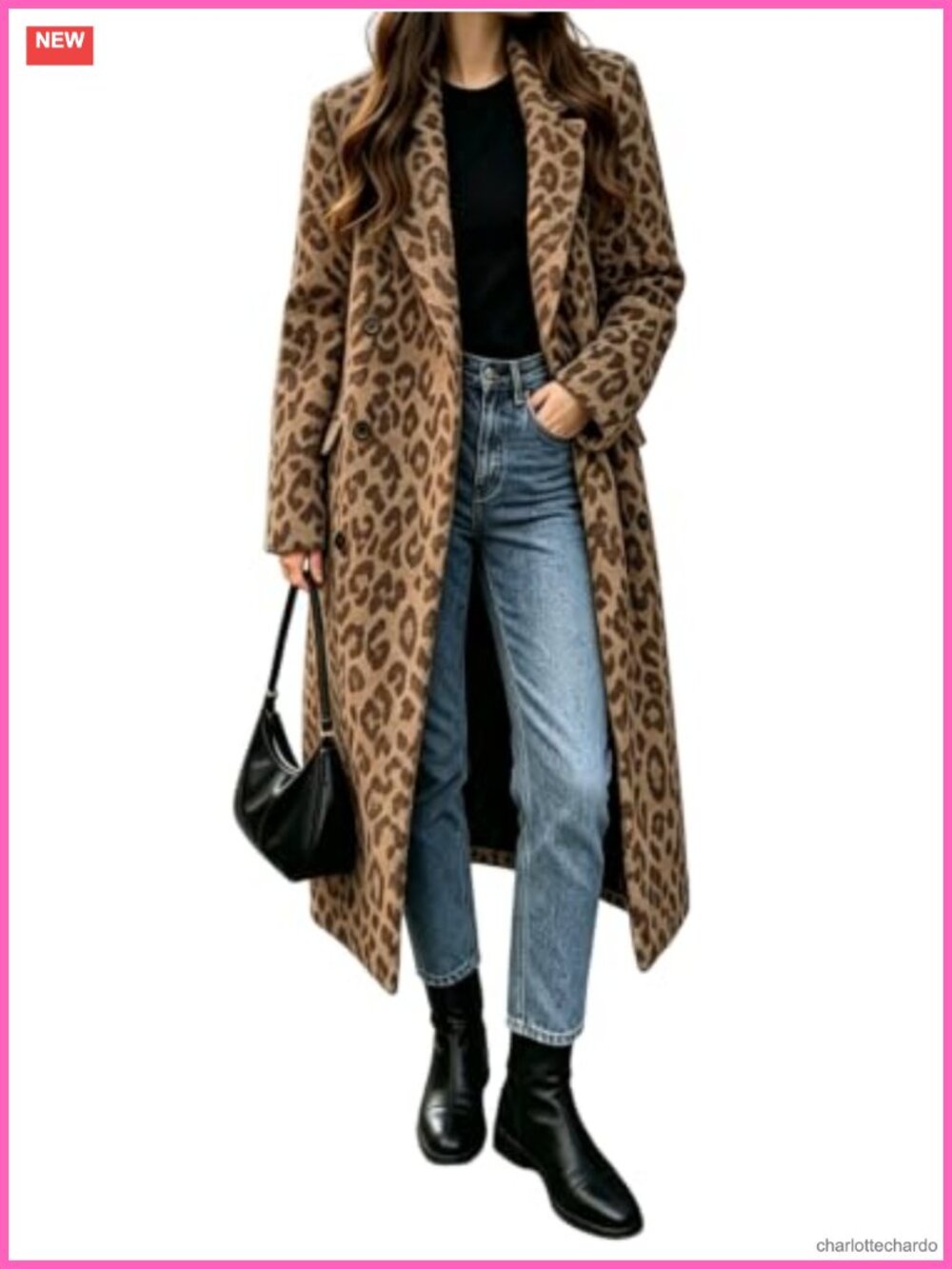 Womens Leopard Wool Blend Double Breasted Long Pea Coat Winter